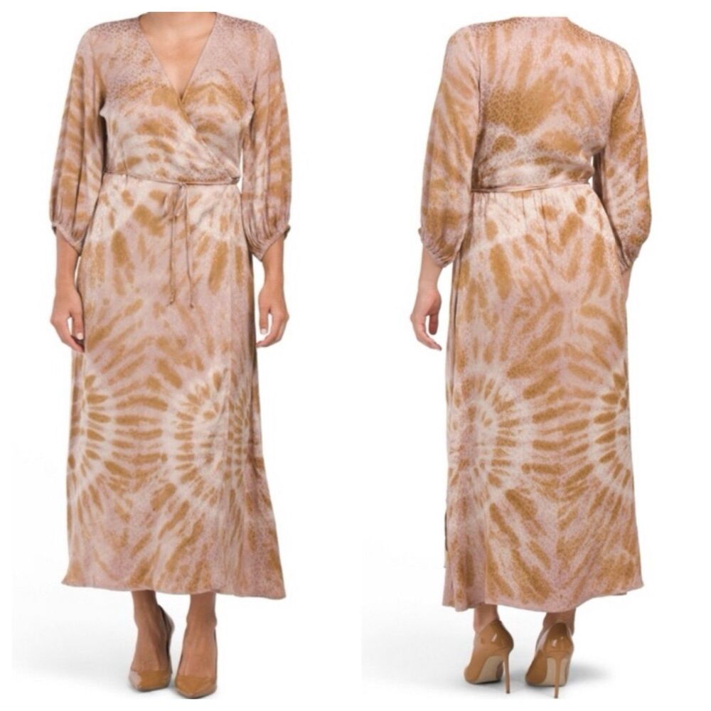 Young Fabulous & Broke YFB Belle Silky Leopard Tie Dye Midi Wrap Dress Large